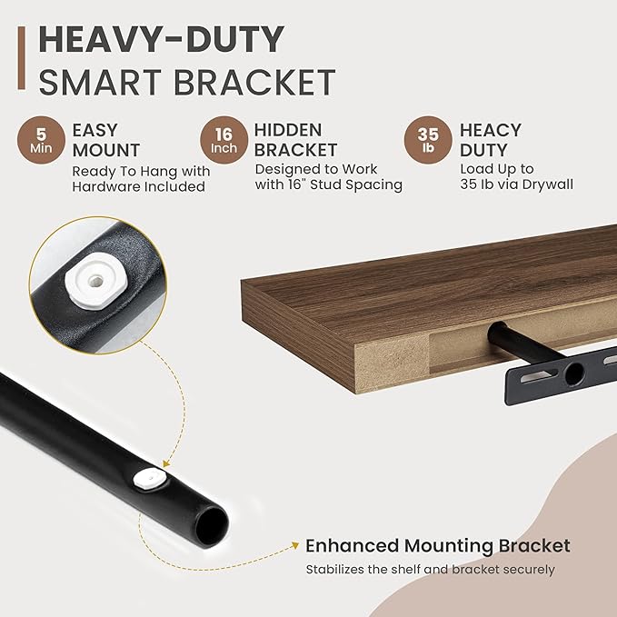 30 Inch Floating Shelves, 8 Inch Deep Floating Shelves for Wall, Hanging Shelf with Invisible Brackets, Deep Shelves for Bathroom, Bedroom, Living Room, Walnut, Set of 2