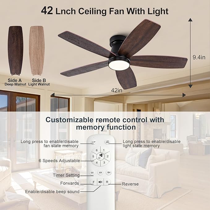 42 inch Ceiling Fans with Lights and Remote,Flush Mount Black Ceiling Fan,Memory Fuction Reversible Quiet DC Motor Low Profile Ceiling Fans For Living Room Bedroom Indoor Outdoor(Black&Walnut)
