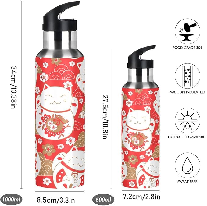 ALAZA Lucky Cat Maneki Neko Red Water Bottle With Straw Lids Boys Girls,Vacuum Insulated Leakproof Stainless-Steel Sports Bottle Thermal Flask For Gym Yoga Camping,34Oz (1000Ml)
