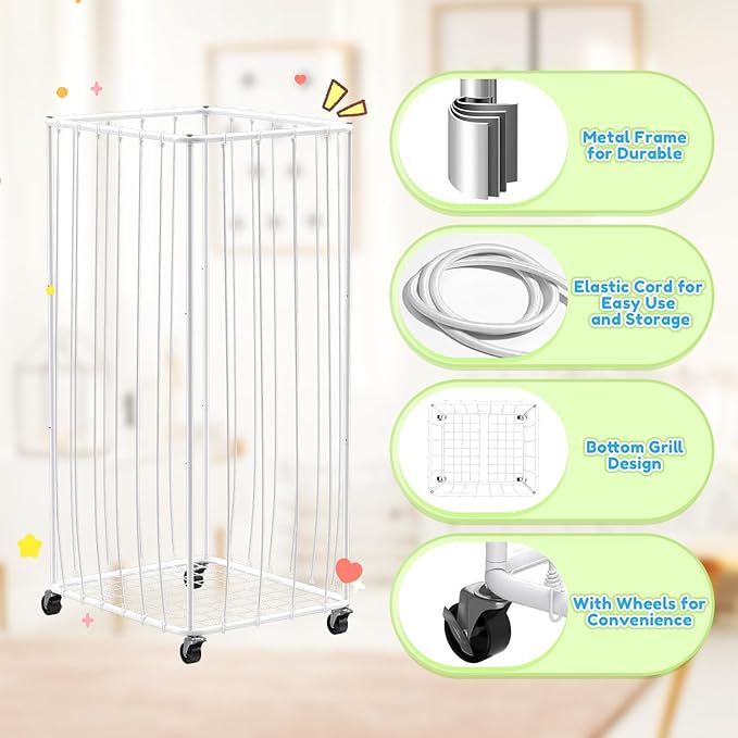 210L Stuffed Animal Organizer Plush Toy Storage Organizer Toy Storage Basket, Kids Toy Storage Bins with Wheels, Metal Frame and Elastic Cord Design, Suitable for Storage of Any Stuff