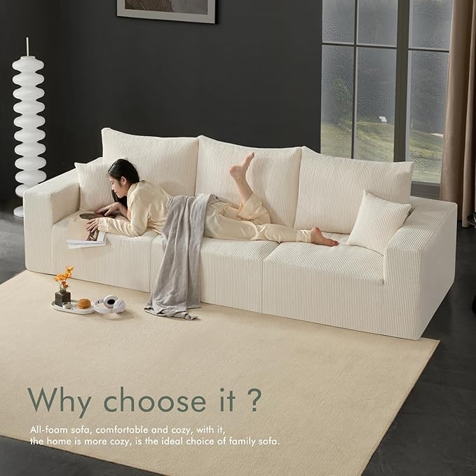 Boneless Sectional Cloud Couch Sofa Bed for Living Room, 112" Modular Modern Lounge 3 Seater Sleeper Beige Couches with Chaise, No Assemble, Cordury Compression Upholstered Sofas