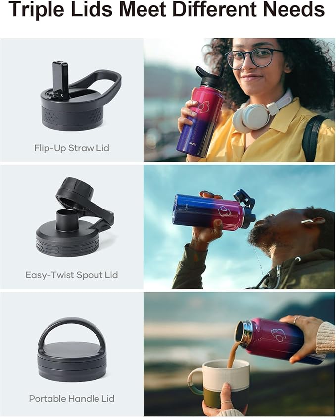 BUZIO Water Bottle with Straw lid, Spout Lid, Hand Lid and Carrying Pouch, 32oz 40oz 64oz Stainless Steel Water Flask Jug, Cold for 48 Hrs Hot for 24 Hrs Double Vacuum Thermo Canteen Mug, BPA-Free