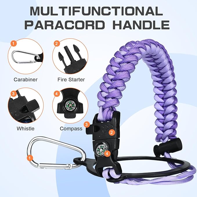 40 oz Insulated Water Bottle with Straw& Spout 2-in-1 Lid, Triple Wall Vacuum Stainless Steel Cold 48H, Leak Proof Sports Metal Flask Jug with Paracord Handle, Purple