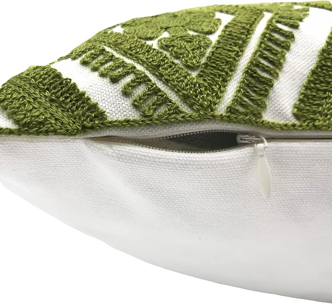 Alysheer Embroidered Decorative Throw Pillow Covers 18x18 inches Set of 2 Pieces, Boho Geometric Modern Chic Classic Pattern Cotton Cushion Cases for Sofa Couch Bed Living Room(Olive Green)