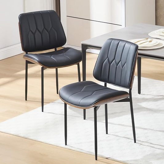 BV Mid Century Modern Dining Chairs Set of 2, Upholstered Pu Leather Accent Chair with Walnut Bentwood Back, Armless Kitchen Chair for Dining Room, Living Room, Kitchen, Black