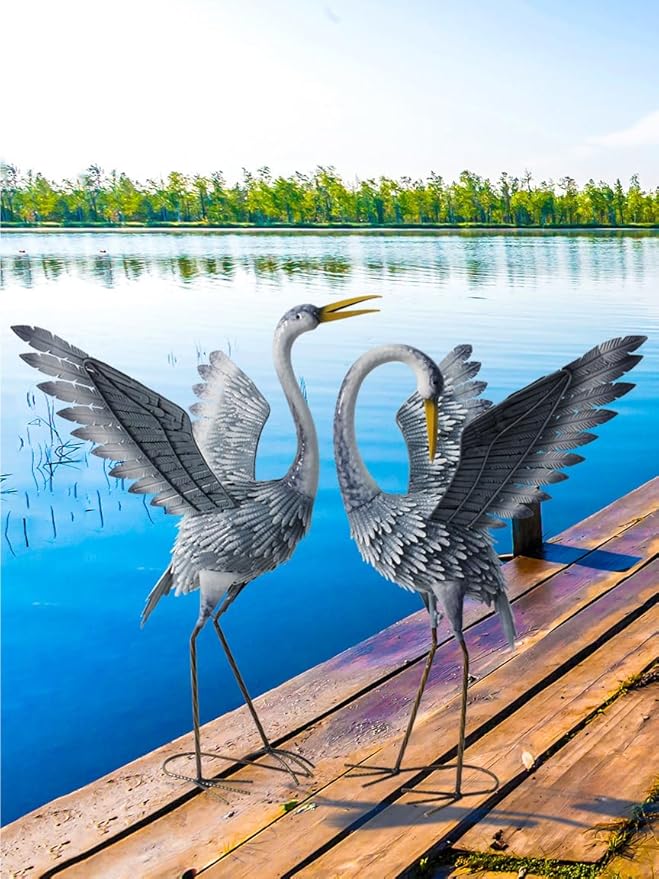 24-27 Inch Standing Crane Garden Sculptures & Statues, Crane Metal Yard Art for Backyard, Lawn, Patio, Porch, Birthday, Wedding Decorations, Gray