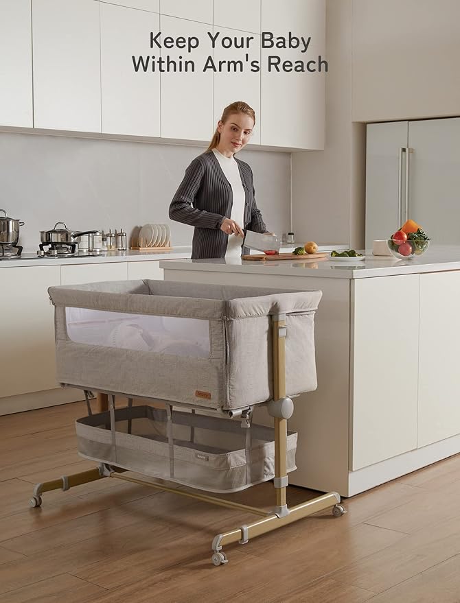 Baby Bassinet Bedside Sleeper, besrey Bedside Bassinet for Newborn Infant with Comfy Mattress, 9 Height Positions, Adjustable Bedside Crib with 360° Swivel Wheels Bassinet for Baby with Storage Basket