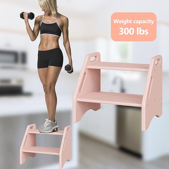 AMBIRD Wooden Step Stool, Two Step Stools Toddler 300 lbs Capacity with Safety Non-Slip Pads and Handles, Bamboo Step Stool for Bathroom, Kitchen Step Stools Dual Height Step Stools for Kids (Pink)