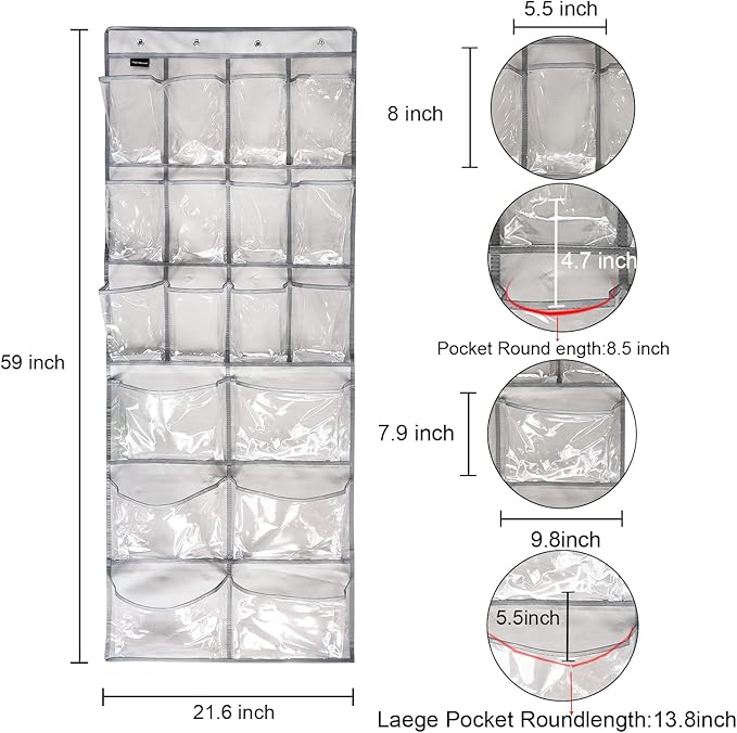 2 Pack Extra Large Hanging Crystal Clear Over Door Shoe Organizers, Closet Shoe Rack Organizer, 12+6 Pockets, 8 Hooks, Grey (59" x 21.6")