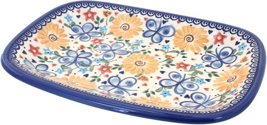 Blue Rose Polish Pottery Butterfly Small Rectangular Serving Platter
