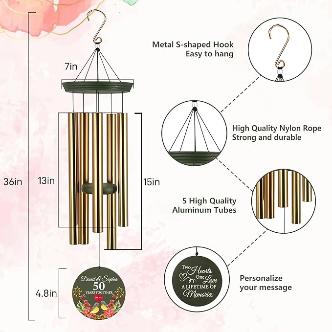 ASTARIN 50th Anniversary Wind Chimes Personalized, 30"/36" Deep Tone Wind Chimes for Wife Husband Parents, Romantic Souvenirs for Men Women Couple