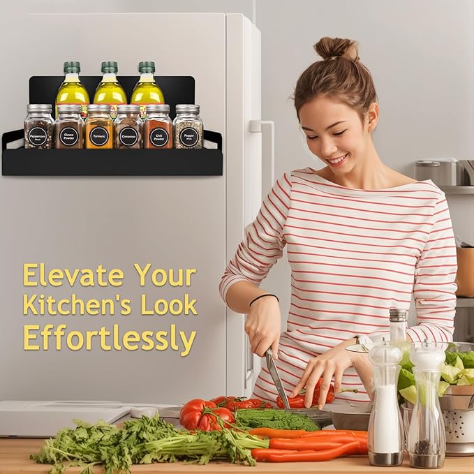 2-Pack Magnetic Spice Rack for Refrigerator - Heavy-Duty 20LB Capacity - Strong Magnetic Shelves for Classroom Whiteboards and Garage Tools, Kitchen Organizer for Utensils, Black