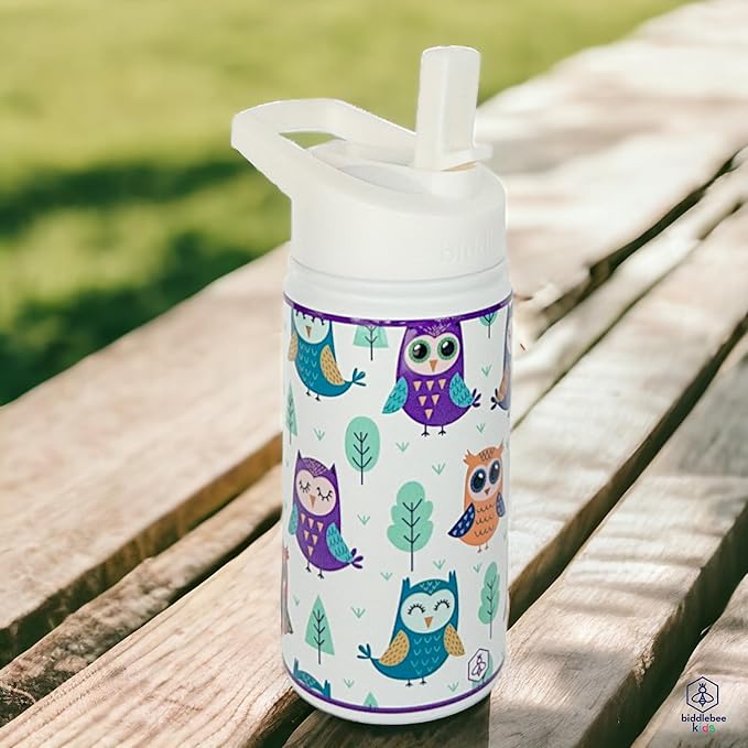 Biddlebee Kids Water Bottle with Straw Lid | 14oz Insulated Stainless Steel Reusable Bottles for School | Leak Proof Cap with Handle & Touch Free Spout | Great for Boys & Girls (Owls)