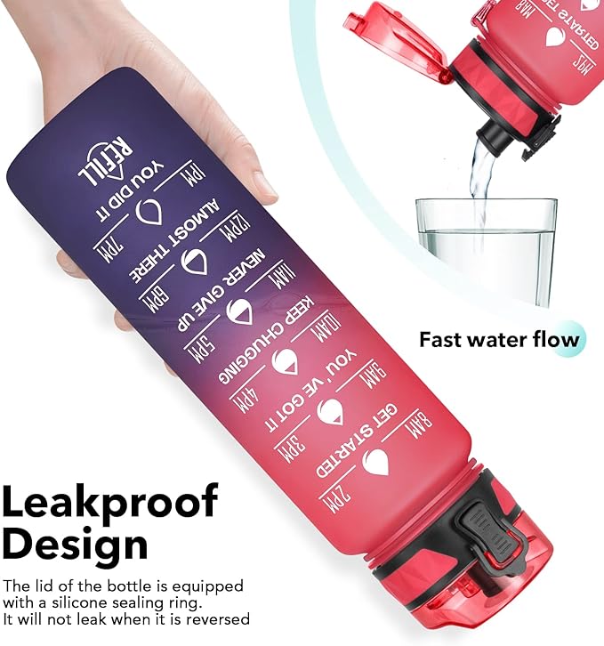 32oz/26oz Motivational Water Bottle with Time Marker & Fruit Strainer, Leak-proof BPA Free Non-Toxic 1l Bottle with Carrying Strap, Perfect for Fitness, Gym and Outdoor Sports,Plastic
