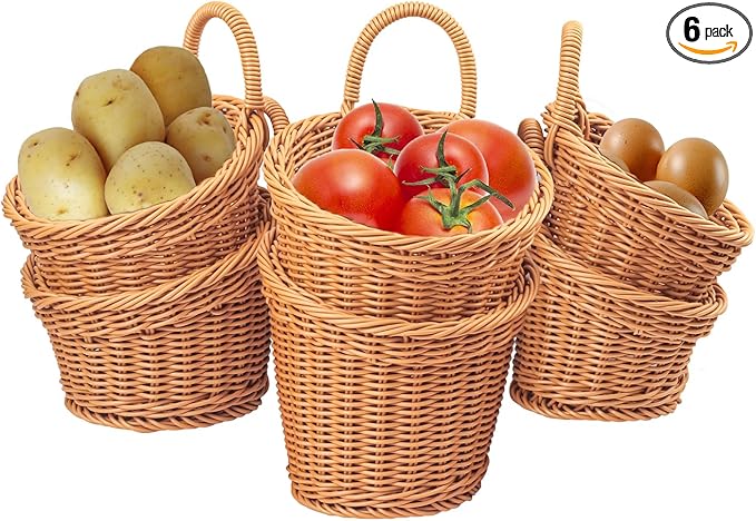 6 Pack 3 Size Woven Hanging Fruit Basket, Wall Hanging Wicker Baskets, Wall fruit Wicker Basket for Kitchen, Planter, Vegetable & Fruit, Boho Home Decor