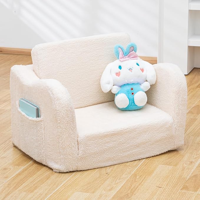 Baby Toddler Sofa Couch for Kids Foldable 2-in-1 Sherpa Fold Out Couch Bed for Playroom, Pull Out Children Convertible Sofa to Lounger Sleeper Chair for Boys & Girls with Double Pockets - Pink