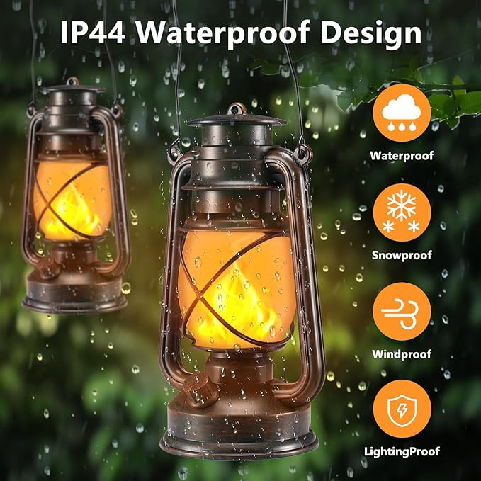 Battery-Powered 2 Modes Lighting LED Vintage Lanterns Decorative Outdoor & Indoor, 2 Pack Bronze Lights with Dancing Flame, Waterproof Remote Control Retro Lanterns Decor for Room,Garden,Porch
