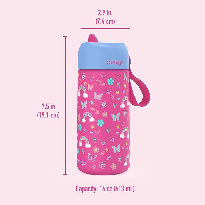 Bentgo® Kids Stainless Steel Insulated Water Bottle - Leak-Proof; Keeps Cool for 12 Hours; Durable, BPA-Free, Dishwasher Safe 14 oz. Cup for Ages 3+ for School/Sports/Daycare (Rainbows & Butterflies)