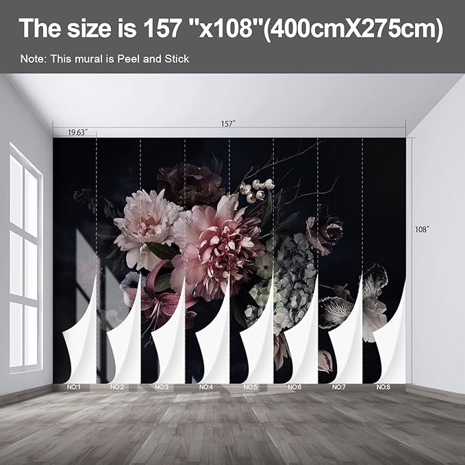 Black Floral Wall murals Peel and Stick Flowers Wallpaper for Bedroom Living Room - 108"x157"