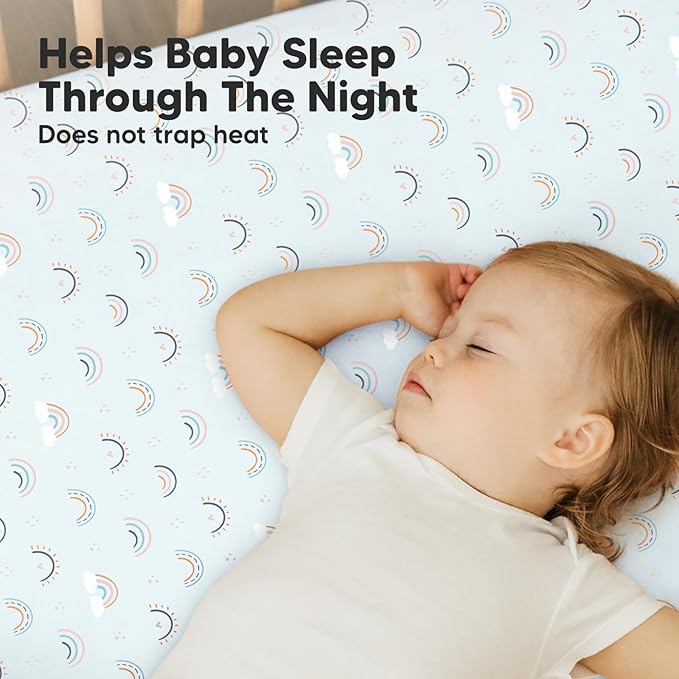 2-Pack Mini Crib Sheets Fitted, Pack and Play Sheets - Organic Cotton Pack N Play Sheets for Pack and Play Mattress, Playard Baby Crib Sheets, Jersey Crib Sheets Neutral for Boys (Jolly Rainbow)