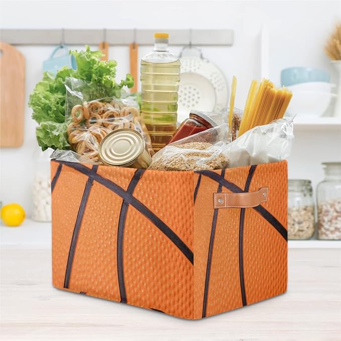 Basketball Print Storage Basket Collapsible Rectangular Storage Bin Large Fabric Storage Boxes Organizer 1Pc with Leather Handles for Clothes Toys Books Kitchen Laundry
