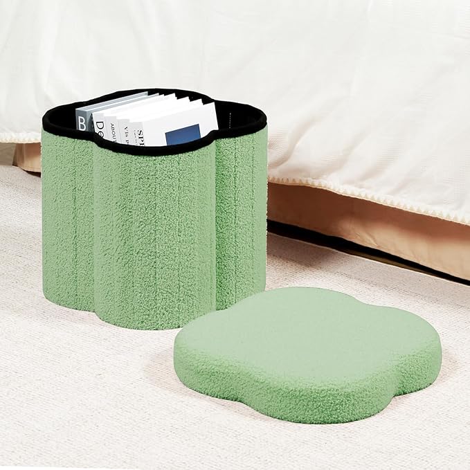 B FSOBEIIALEO Storage Ottoman Cube, Flowers Shaped Ottomans with Storage Foot Stool Footrest for Lving Room, Boucle Ottoman Seat for Dorm Room,Faux Teddy Fur, Green 12.6"x12.6"x12.6"