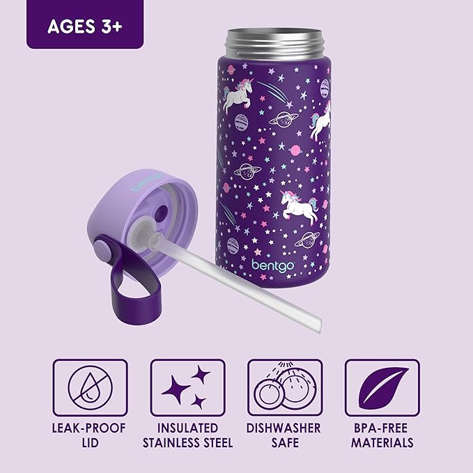 Bentgo® Kids Stainless Steel Insulated Water Bottle - Leak-Proof; Keeps Cool for 12 Hours; Durable, BPA-Free, Dishwasher Safe 14 oz. Cup for Ages 3+ for School/Sports/Daycare (Unicorn)