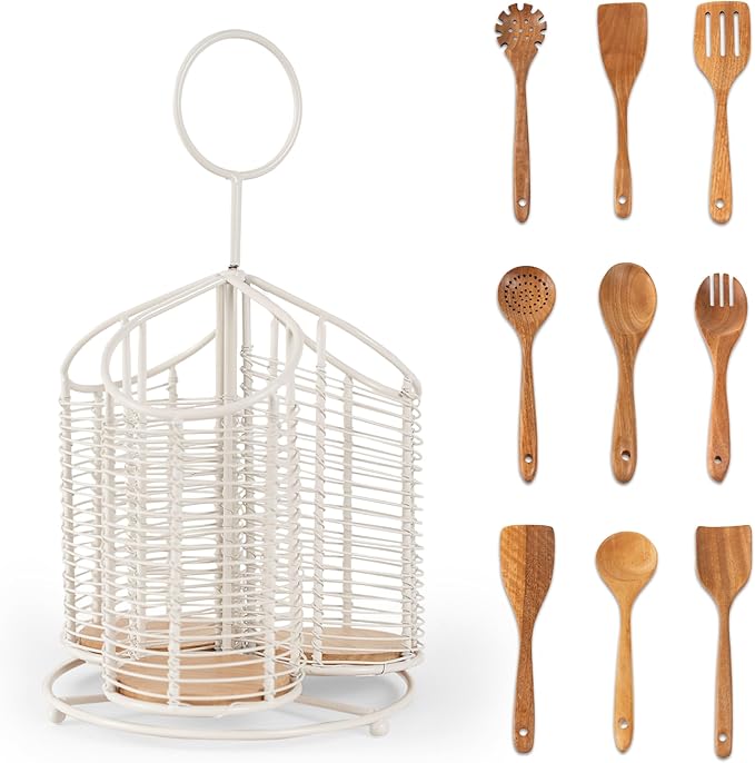 360° Rotating Kitchen Utensil Holder- 3 Compartment Organizer with Cork Bottom | Includes Premium 9-Piece Acacia Wood Utensil Set | Professional Luxury Design | Metal Utensil Crock (Matte white)