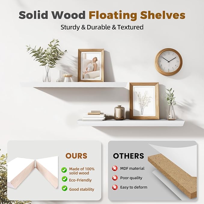 36"x6.8"x1.6" Slanted Floating Wall Shelves 2-Pack - Rustic White Finish, Heavy-Duty Solid Wood Design with Hidden Brackets - Perfect for Living Room, Kitchen, Bathroom, or Office