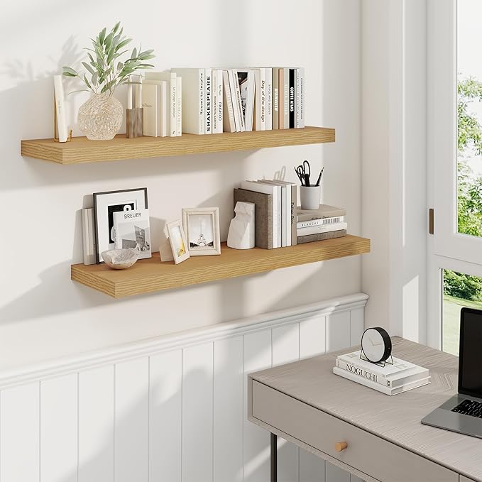 36 Inch Floating Shelves, 9.3 Inch Deep Rustic Wall Shelves - Extra Deeper Wall Mounted Storage Shelves for Bathroom, Kitchen, Living Room (Oak, Set of 2)