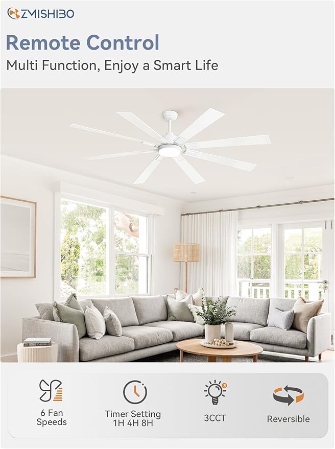 72 inch White Ceiling Fans with Lights and Remote, Indoor/Outdoor Ceiling Fan for Patio Living Room, 6 Speed Reversible Quiet DC Motor, 3 CCT, Dual Finish Blades