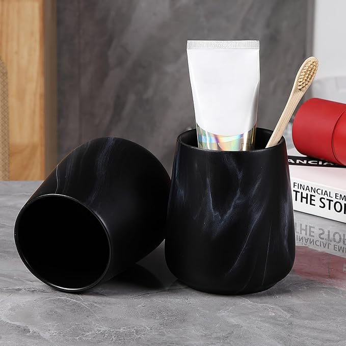2Pcs Toothbrush Holder for Bathroom - Marble Black Ceramic Tooth Brushing Holders Set, Toothbrush Cup & Toothpaste Organizer for Bathroom Countertop, Makeup Brush Holder, Pen Holder for Home Storage