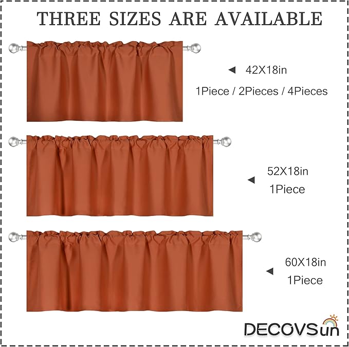 Burnt Orange Valance - Rust Valance for Windows 60x18 Inch Solid Blackout Rod Pocket Kitchen Short Curtain Toppers Valance for Bathroom Living Room, Terracotta