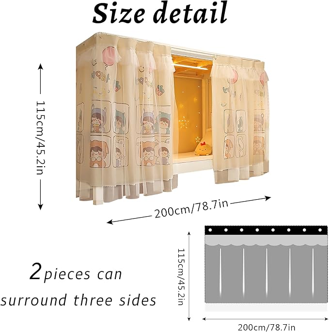Beautiful Gauze Bunk Bed Curtains Drapes with Lace Privacy Bed Canopy for Bottom, 2 Panels, Happy