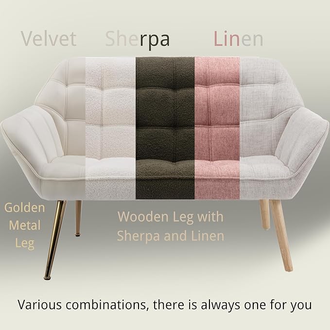 48”Small Loveseat Sofa, Modern Sherpa Upholstered Mini Couch 2-Seater Fluffy Love Seat with Quilting Backs and Wood Legs for Living Room, Bedroom and Small Space, White