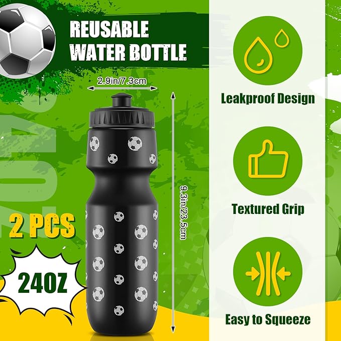 4 Pcs Soccer Party Favors, Soccer Drawstring Bags Goodie Treat Bags and 24 oz Squeeze Water Bottles