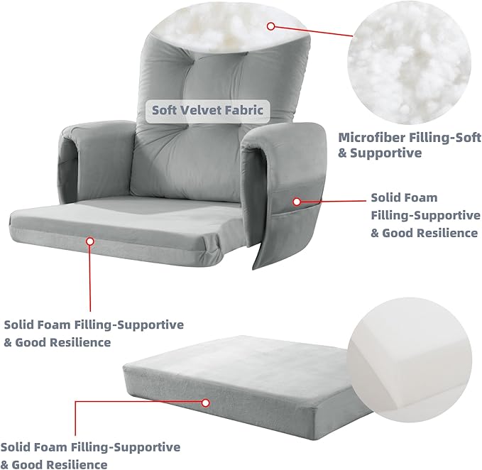 5 PCS Velvet Glider Rocker Replacement Cushions with Side Storage Pocket, Thickened & Supportive Cushions Set for Indoor Nursery Rocking Chair, Llight Grey