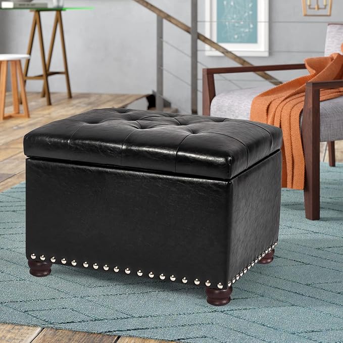 24'' Leather Storage Ottoman Rectangular Foot Rest Stool with Nailhead Trim Toy Chests & Storage Room Organizer for Bedroom Living Room(Black)