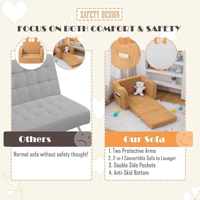 Baby Toddler Sofa Couch for Kids Foldable 2-in-1 Sherpa Fold Out Couch Bed for Playroom, Pull Out Children Convertible Sofa to Lounger Sleeper Chair for Boys & Girls with Double Pockets - Dark Camel