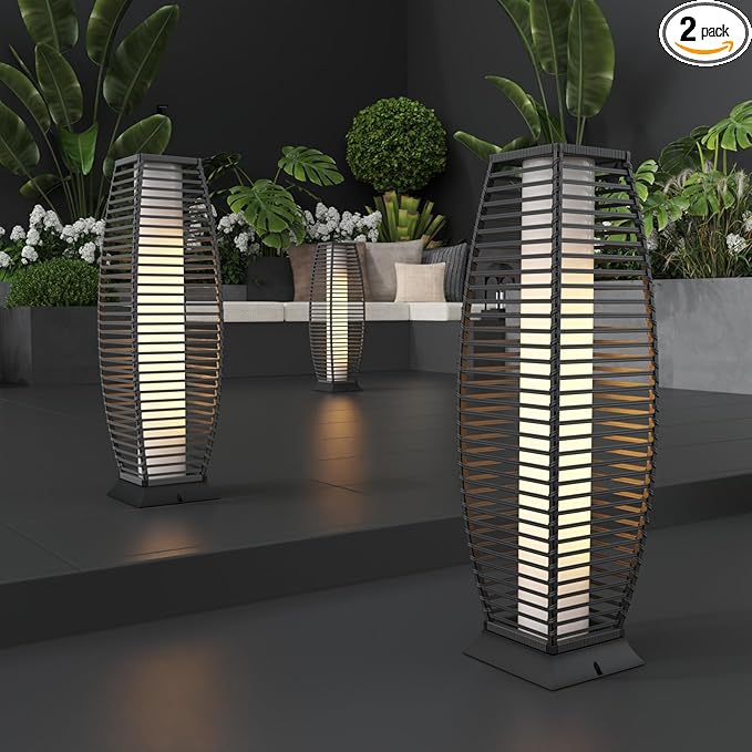 2 Pieces Outdoor Floor Lamp Weather-Resistant Outdoor Wicker Light Solar Powered Lantern Deck Lights for Patio Yard Garden