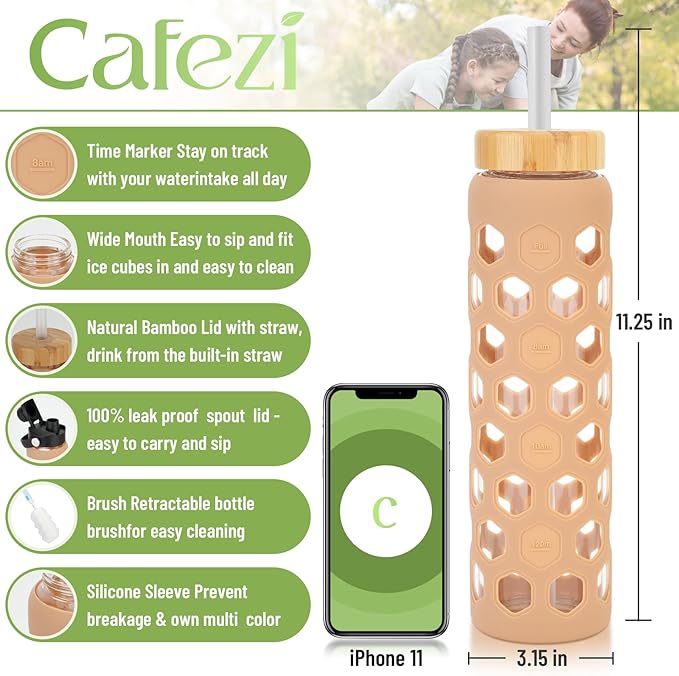 32oz Water Bottles with Straw and 2 Lids Spout Lid & Bamboo Lid, Glass Tumblers with Top Handle, BPA FREE Reusable Glass Water Bottle with Silicone Sleeve-1 Pack