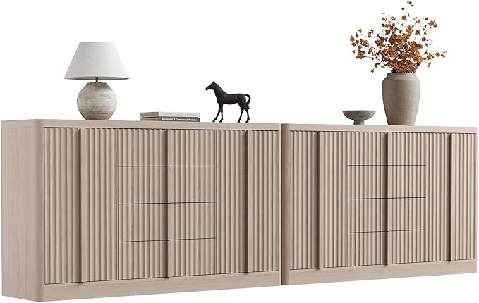 Buffet Cabinet with Storage, 120"Fluted Coffee Bar with 8 Drawers & 4 Doors, Modern Sideboard Buffet with Solid Wood Handle, Credenza Storage Cabinet for Kitchen Living Dining Room, Natural Oak(2PCS)