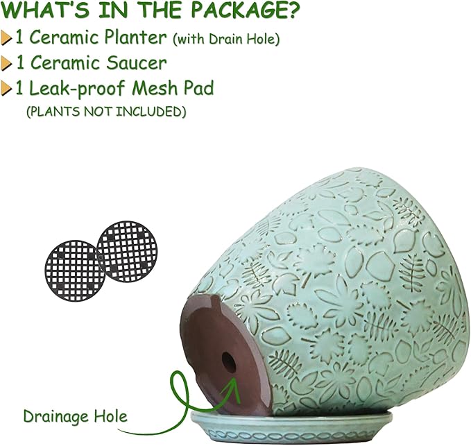 10 inch Plant Pots Ceramic Planter with Drainage Holes and Saucer for Multiple Plants, Indoor-Outdoor Garden Pots for Succulent, Orchid, and Flower