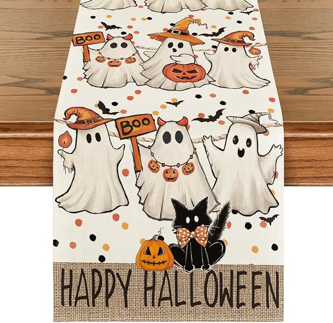 Artoid Mode Beige Ghost Jack-O'-Lantern Black Cat Halloween Table Runner,Holiday Kitchen Dining Table Decoration for Home Party Decor 13 x 36 Inch