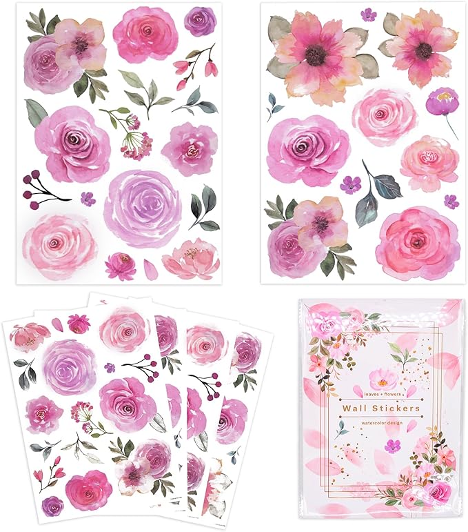 60 Pcs Flower Wall Decals, Watercolor Leaves Wall Stickers Flower Decor for Girls Bedroom Computer Lockers Living Room, 4 Sheets