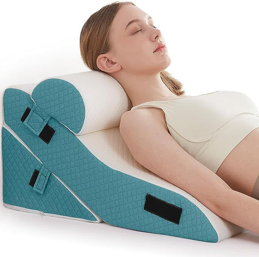 3 PCS Upgraded Bed Wedge Pillow for Sleeping - 35D Post Surgery Pillow for Back Leg Pain Relief - 16.5" Wide Wedge Pillows for After Surgery for Acid Reflux & GERD & Snoring(White Blue)