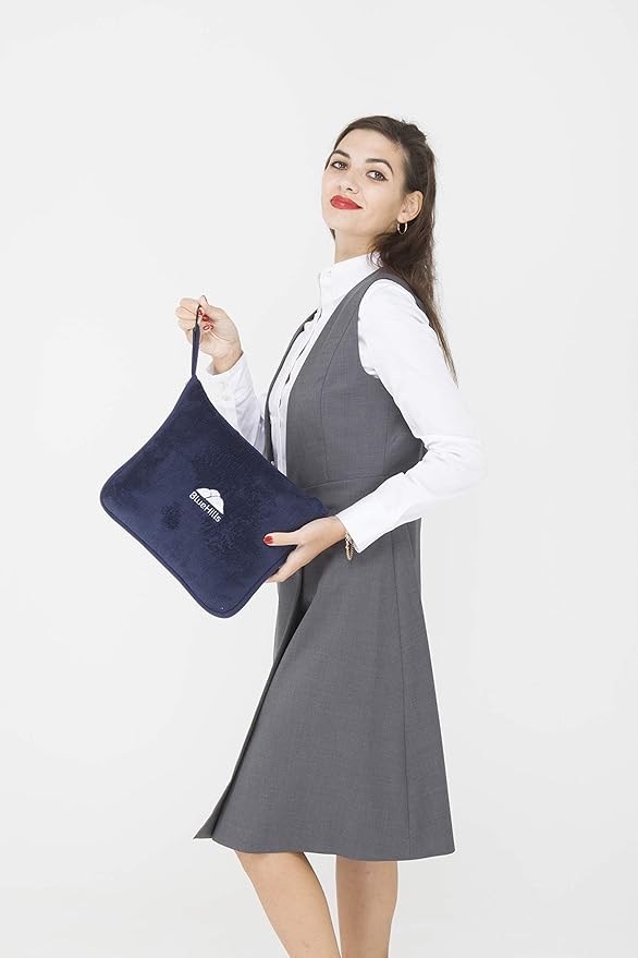 BlueHills Premium Soft Travel Blanket Pillow Airplane Blanket Packed in Soft Bag Pillowcase with Hand Luggage Belt and Backpack Clip, Compact Pack Large Blanket for Any Travel (Navy Blue T002)