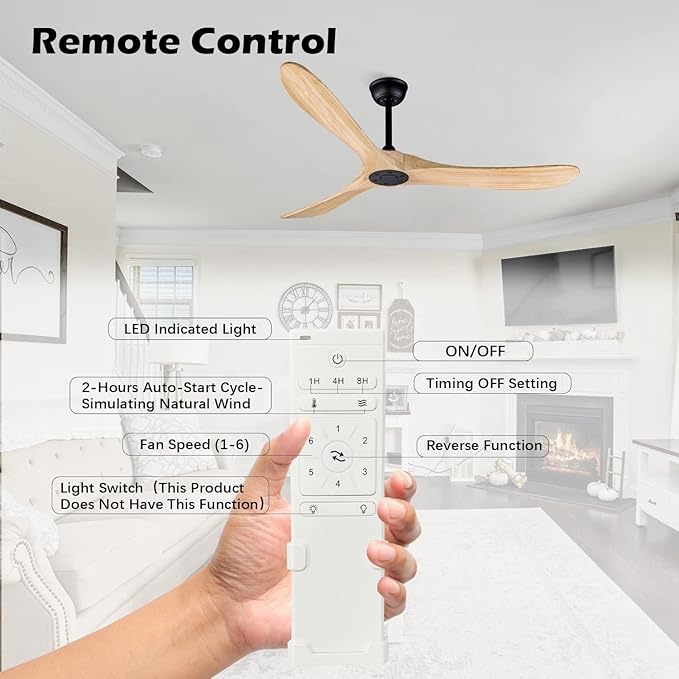 Bigzone 60" Outdoor Ceiling Fan No Light, DC Motor Quiet Energy Saving,3 Balsa Wood Blades, Wood Ceiling Fan With Remote Control,Reversible Blades