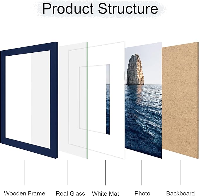 11x14 Picture Frame Set of 4, 11 x 14 Wood Photo Frames with Mat for 8x10, Natural Wooden Frame with Real Glass Cover for Wall and Tabletop Display,Blue