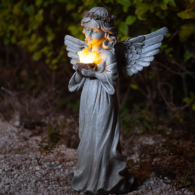 Angel Garden Statue Outdoor Decor, Angel Garden Figurine Hold Dove with Solar Lights Waterproof Resin Yard Art Decoration Lawn Ornament Sculpture for Outside Patio Yard Gift